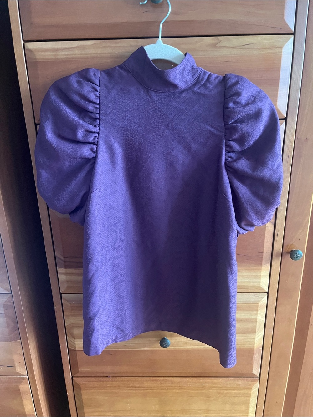 Ted Baker London purple/burgundy top with ruffled, puffy sleeves and high neck